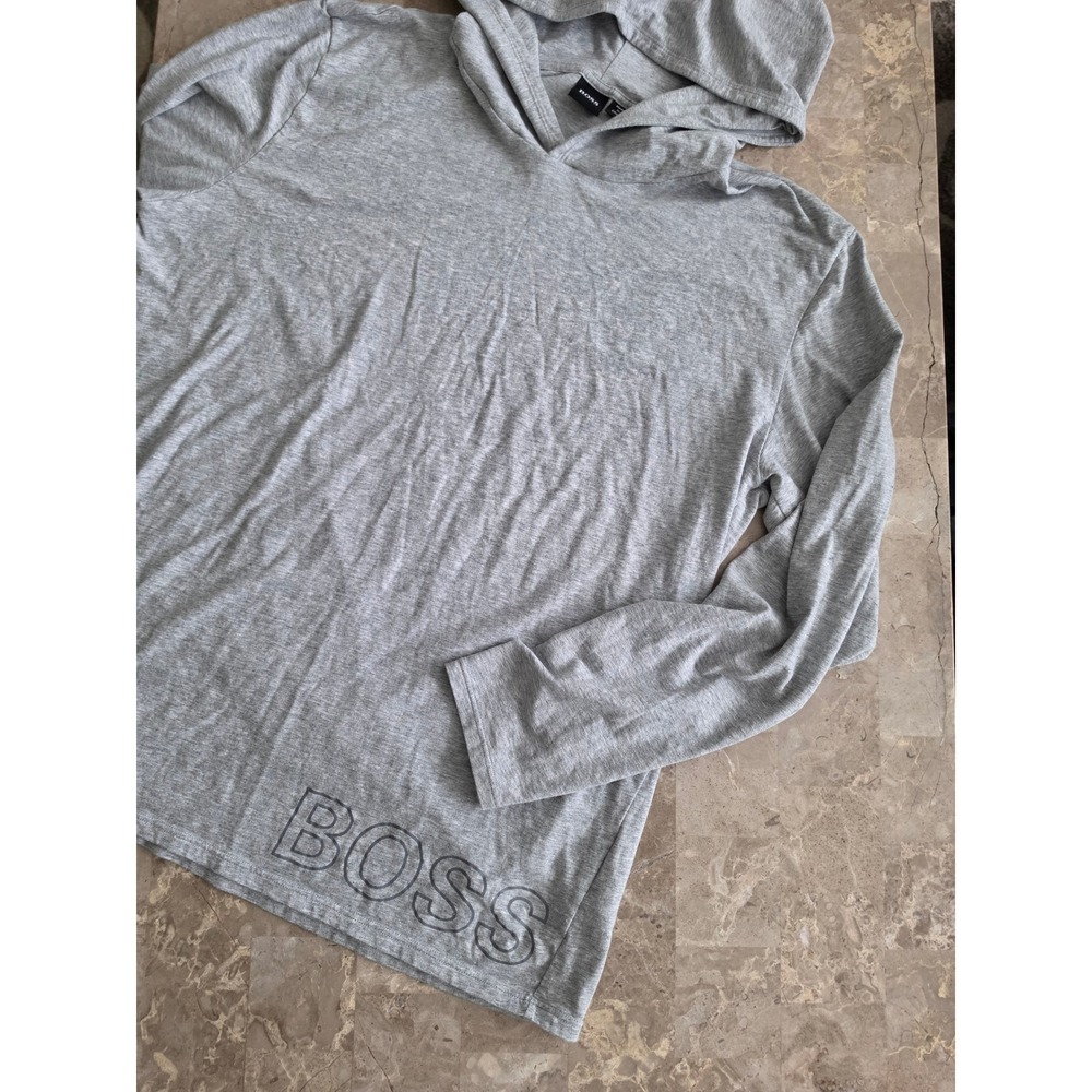 Hugo‎ Boss Mens Heather Gray Long Sleeve Hooded T-Shirt Logo Hoodie Size Large
